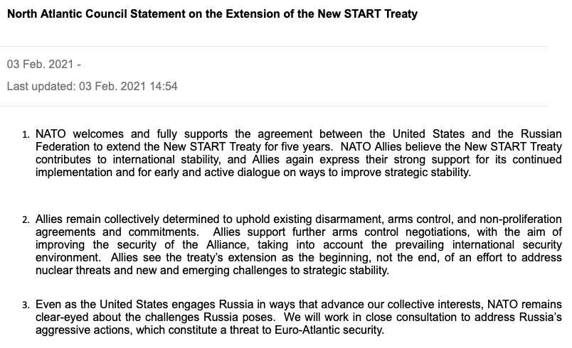 .@NATO welcomes officials extension of NewSTART. NATO Allies believe the New START Treaty contributes to international stability
