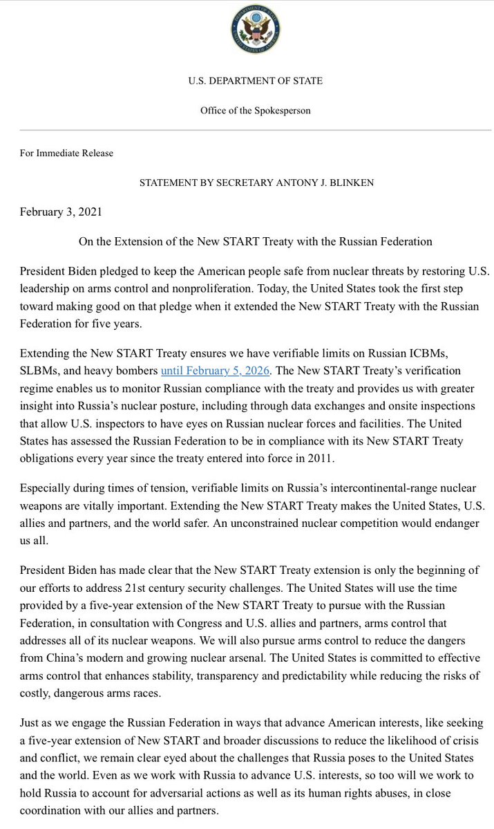 Extending the New START Treaty ensures we have verifiable limits on Russian ICBMs, SLBMs, and heavy bombers until February 5, 2026, says @SecBlinken