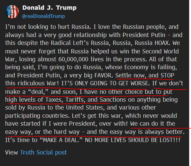 Le président américain Trump à Poutine au sujet de la guerre en Ukraine.  Nous pouvons le faire de manière simple ou de manière difficile – et la solution la plus simple est toujours la meilleure