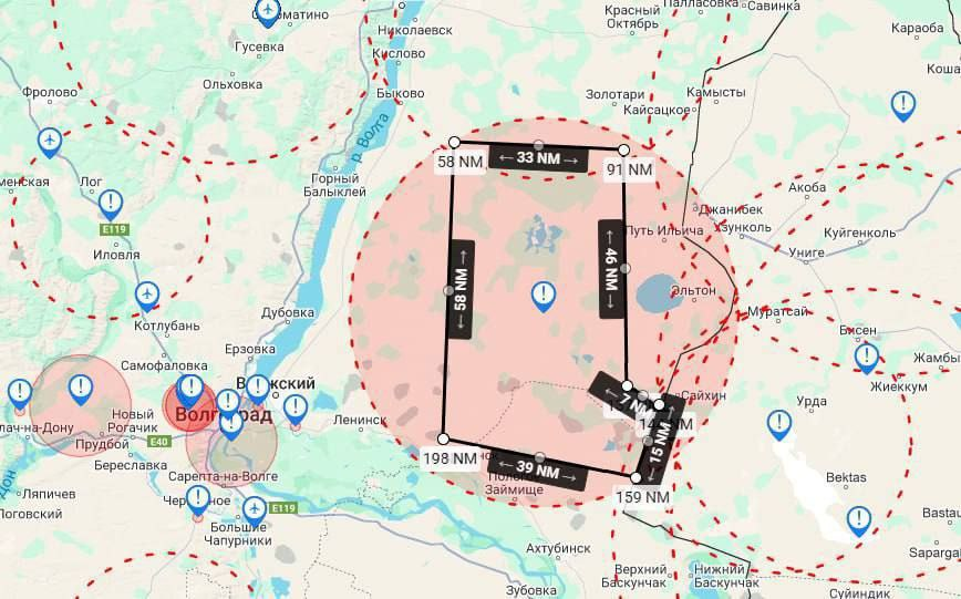 Россия закрыла воздушное пространство над частями Волгоградской и Саратовской областей, включая полигон Капустин Яр, с 06:00 12 мая до 06:00 13 мая — вероятно, для испытания баллистической ракеты, как следует из кода BO и неограниченного ограничения по высоте.